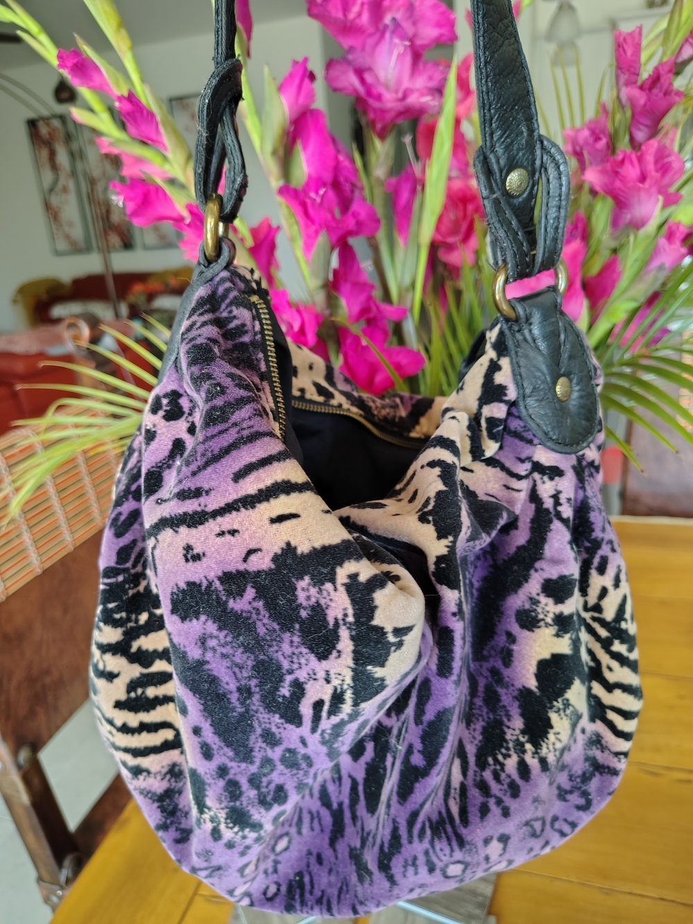 Lucky Brand Purple Animal-Print Hobo Bag with Black Leather Trim